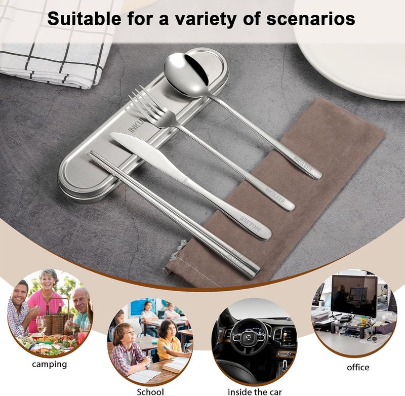 inkuleer Travel Cutlery Set - 18/8 Stainless Steel Reusable Utensils with Metal Case, Portable Silverware for Camping, Office, Travel & Outdoor Dining - Image 5
